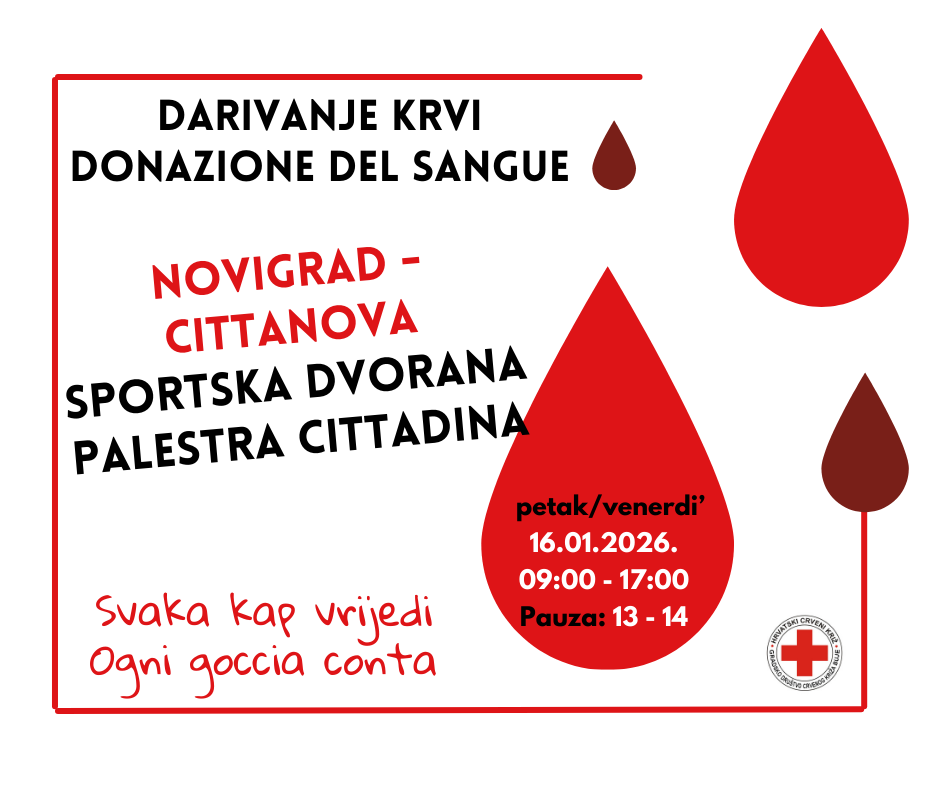 PRVA AKCIJA DARIVANJA KRVI U NOVIGRADU - PETAK 16.01.2026. g.
